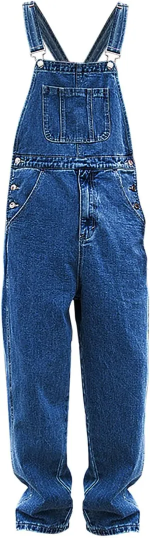 Men's Denim Bib Overall Jean Romper Trousers Cotton Relaxed Fit Pants Fashion Workwear Jumpsuit with Pockets