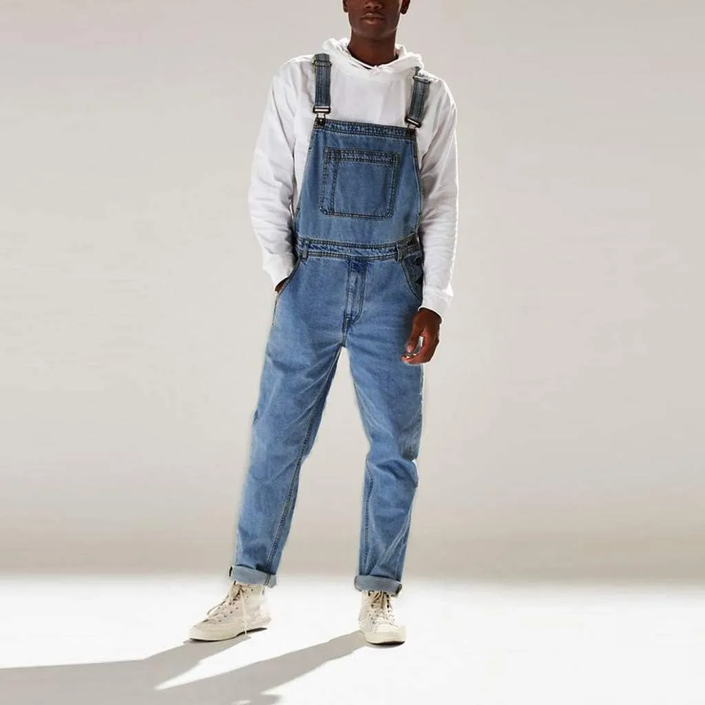 Men's Denim Bib Overall Jean Romper Trousers Cotton Relaxed Fit Pants Fashion Workwear Jumpsuit with Pockets
