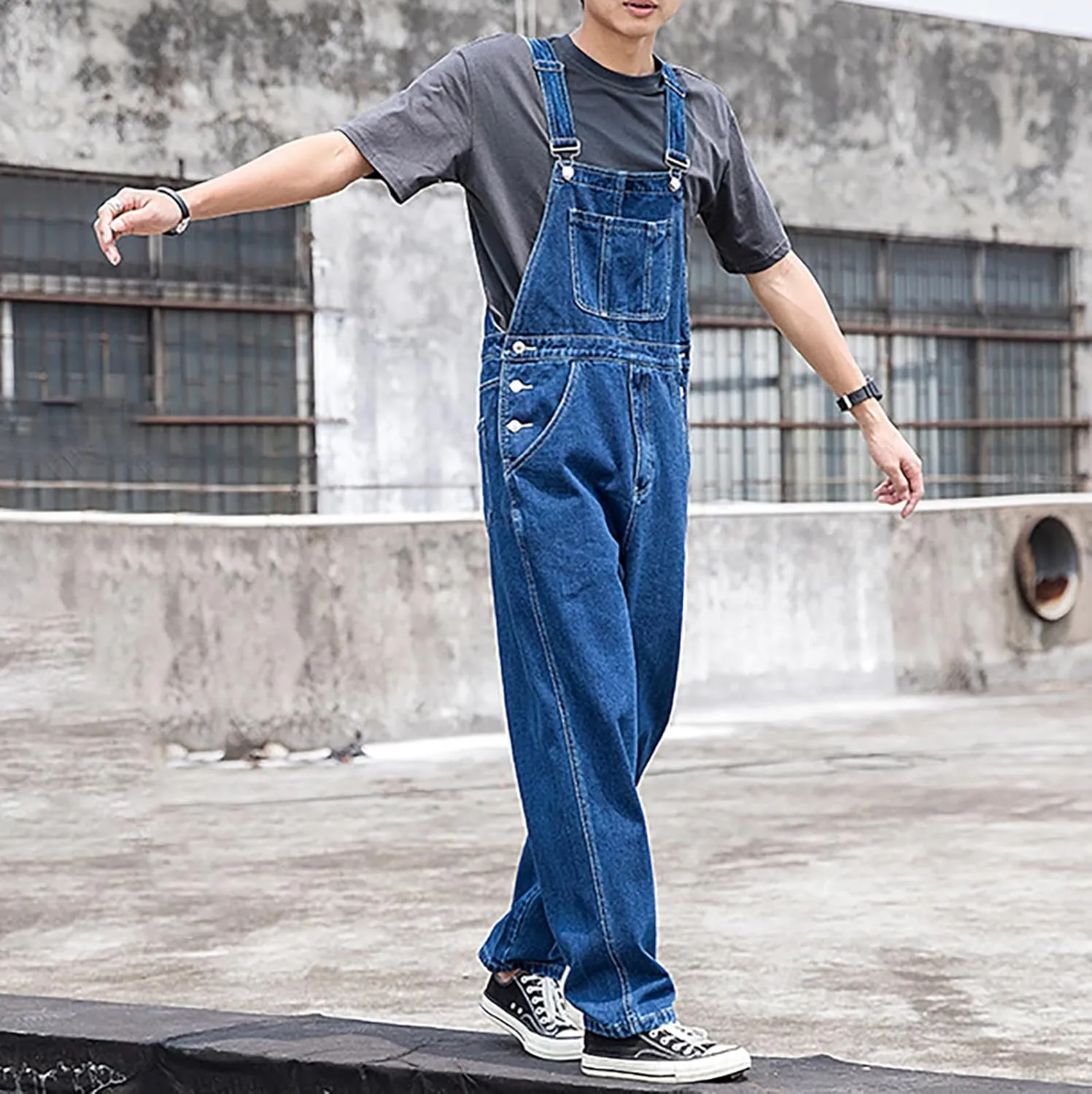Men's Denim Bib Overall Jean Romper Trousers Cotton Relaxed Fit Pants Fashion Workwear Jumpsuit with Pockets