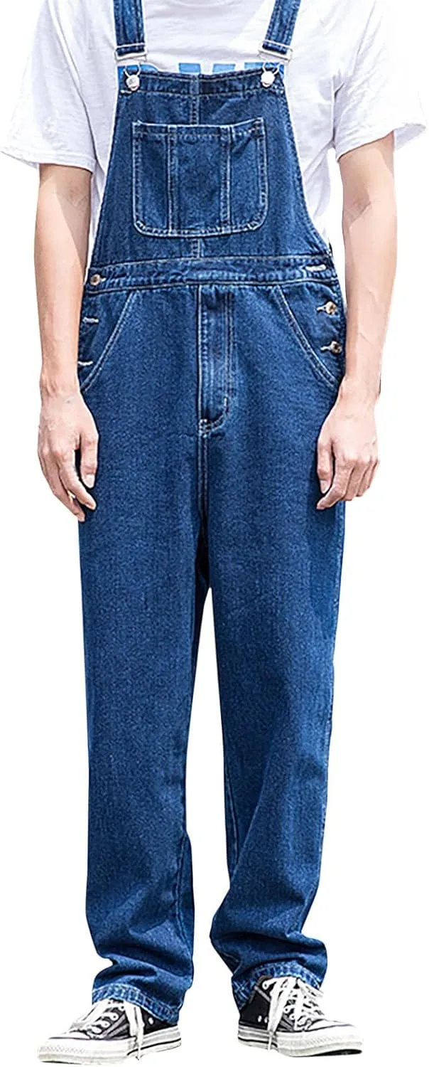 Men's Denim Bib Overall Jean Romper Trousers Cotton Relaxed Fit Pants Fashion Workwear Jumpsuit with Pockets