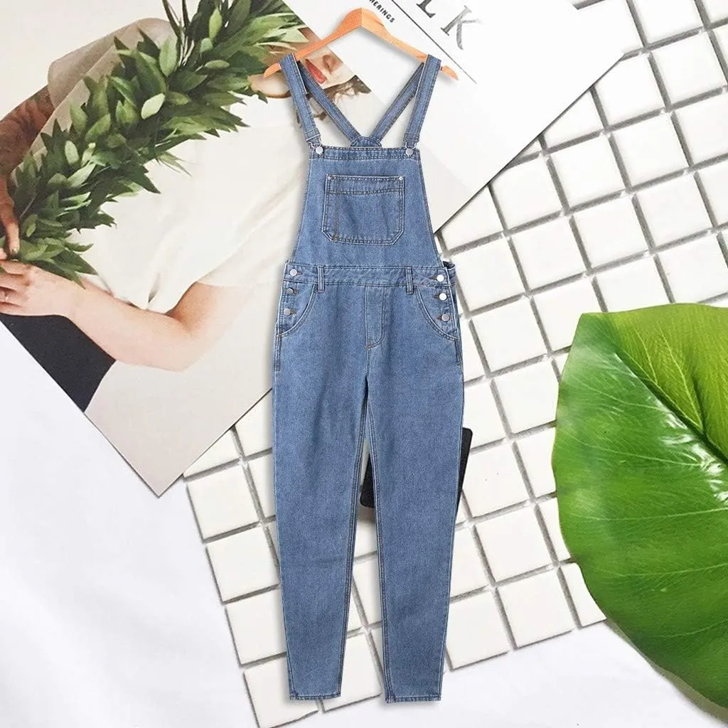 Men's Denim Bib Overall Jean Romper Trousers Cotton Relaxed Fit Pants Fashion Workwear Jumpsuit with Pockets