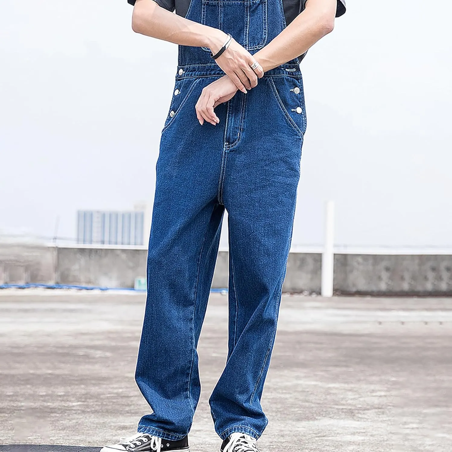 Men's Denim Bib Overall Jean Romper Trousers Cotton Relaxed Fit Pants Fashion Workwear Jumpsuit with Pockets