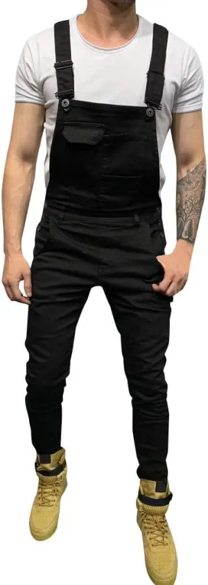 Men's Denim Bib Overall Jean Romper Trousers Cotton Relaxed Fit Pants Fashion Workwear Jumpsuit with Pockets