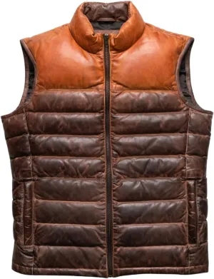 Mens Down Puffer Vest real lambskin leather Waistcoat Quilted Goosy Down Bubble Jacket