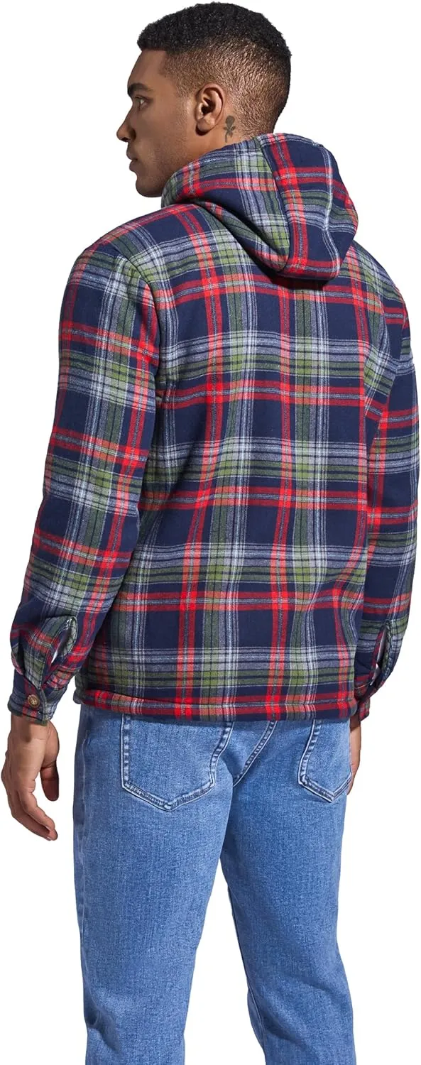 Men's Flannel Plaid Hooded Jackets Full Zip Sherpa Fleece Lined Hoodies Fashion Warm Coat