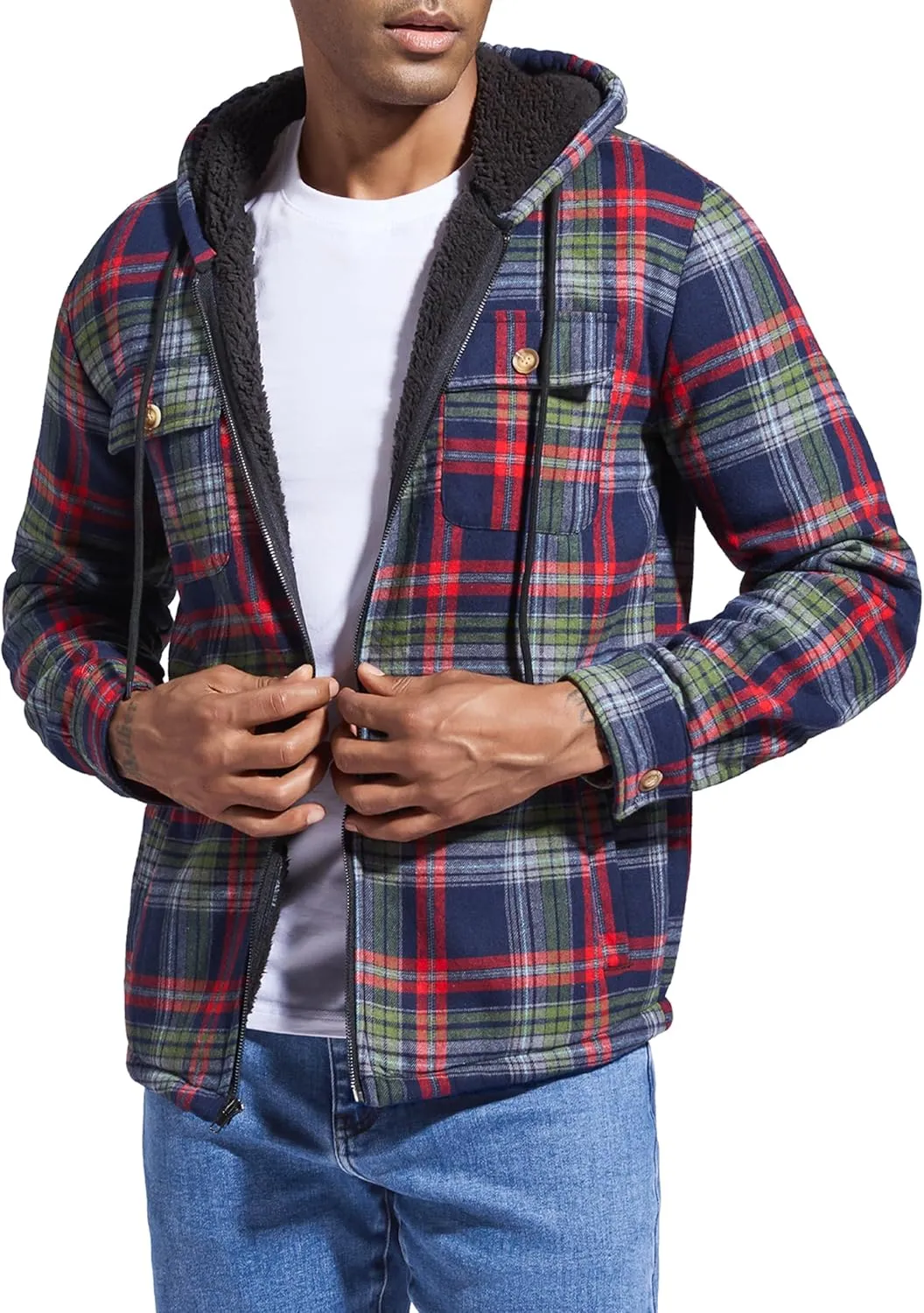 Men's Flannel Plaid Hooded Jackets Full Zip Sherpa Fleece Lined Hoodies Fashion Warm Coat