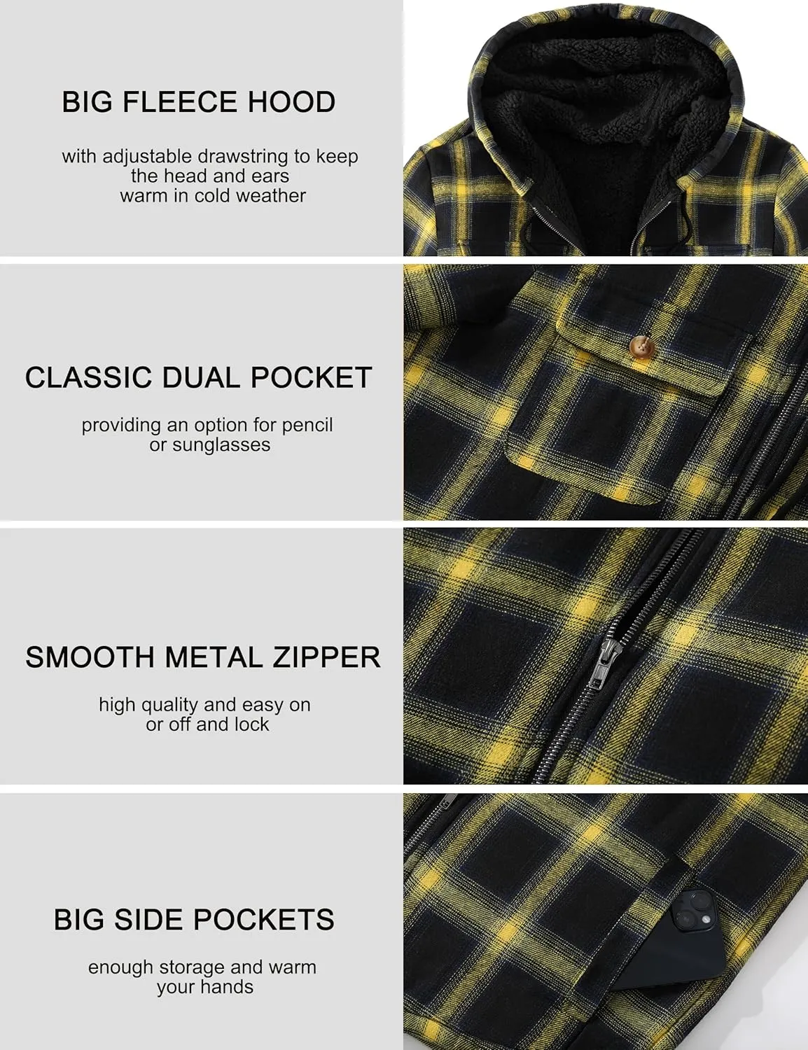 Men's Flannel Plaid Hooded Jackets Full Zip Sherpa Fleece Lined Hoodies Fashion Warm Coat