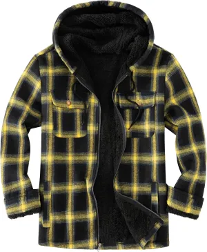 Men's Flannel Plaid Hooded Jackets Full Zip Sherpa Fleece Lined Hoodies Fashion Warm Coat