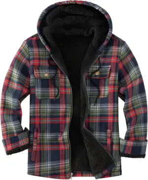 Men's Flannel Plaid Hooded Jackets Full Zip Sherpa Fleece Lined Hoodies Fashion Warm Coat