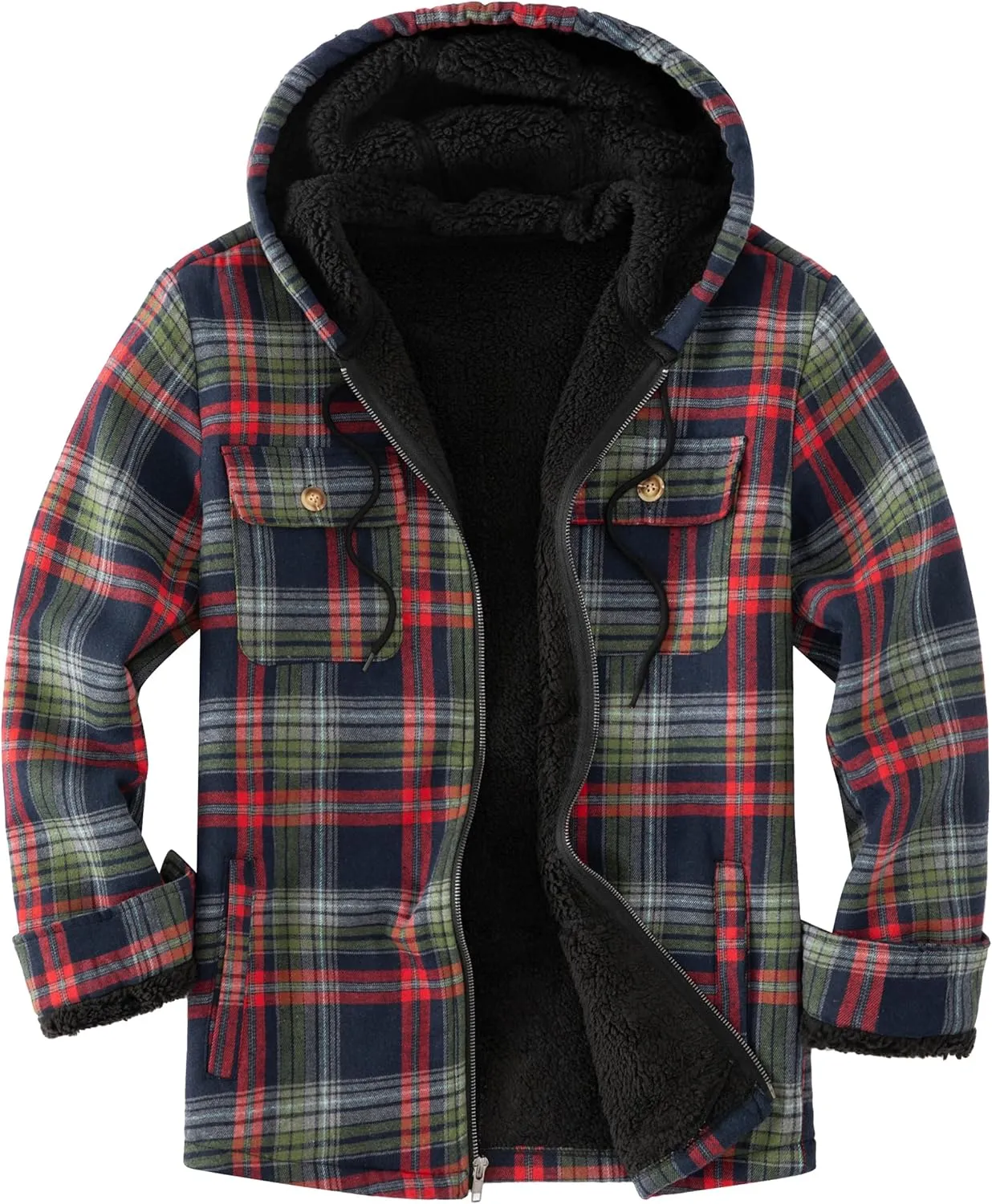Men's Flannel Plaid Hooded Jackets Full Zip Sherpa Fleece Lined Hoodies Fashion Warm Coat