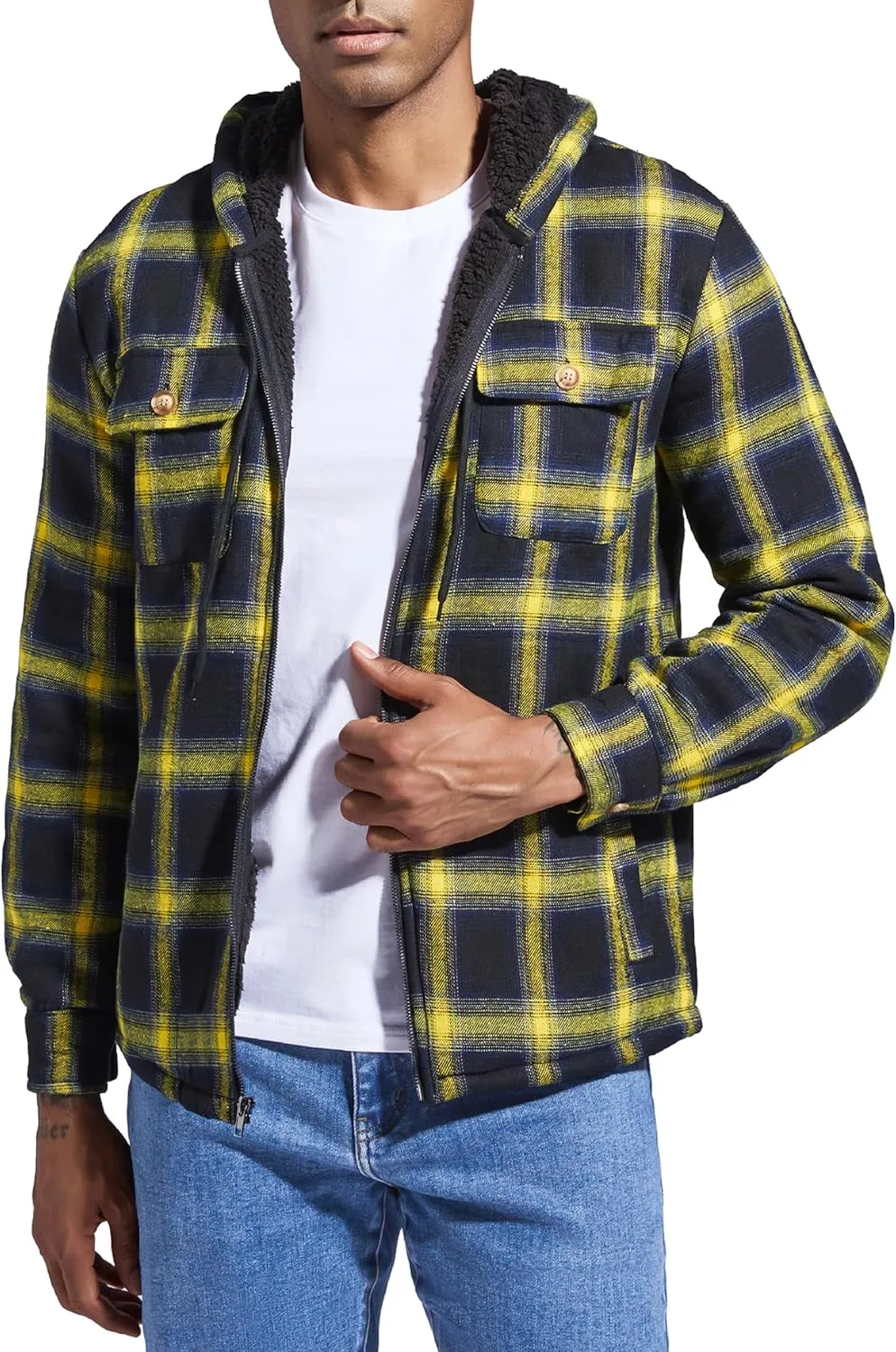 Men's Flannel Plaid Hooded Jackets Full Zip Sherpa Fleece Lined Hoodies Fashion Warm Coat