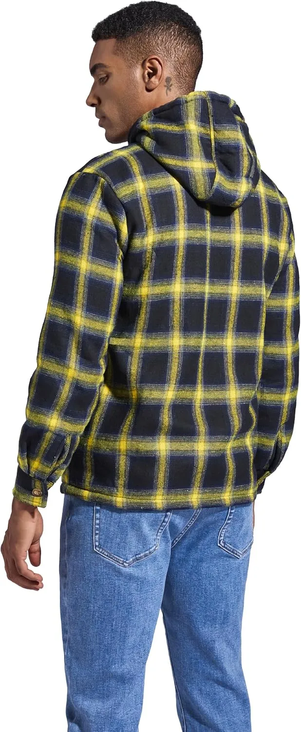 Men's Flannel Plaid Hooded Jackets Full Zip Sherpa Fleece Lined Hoodies Fashion Warm Coat