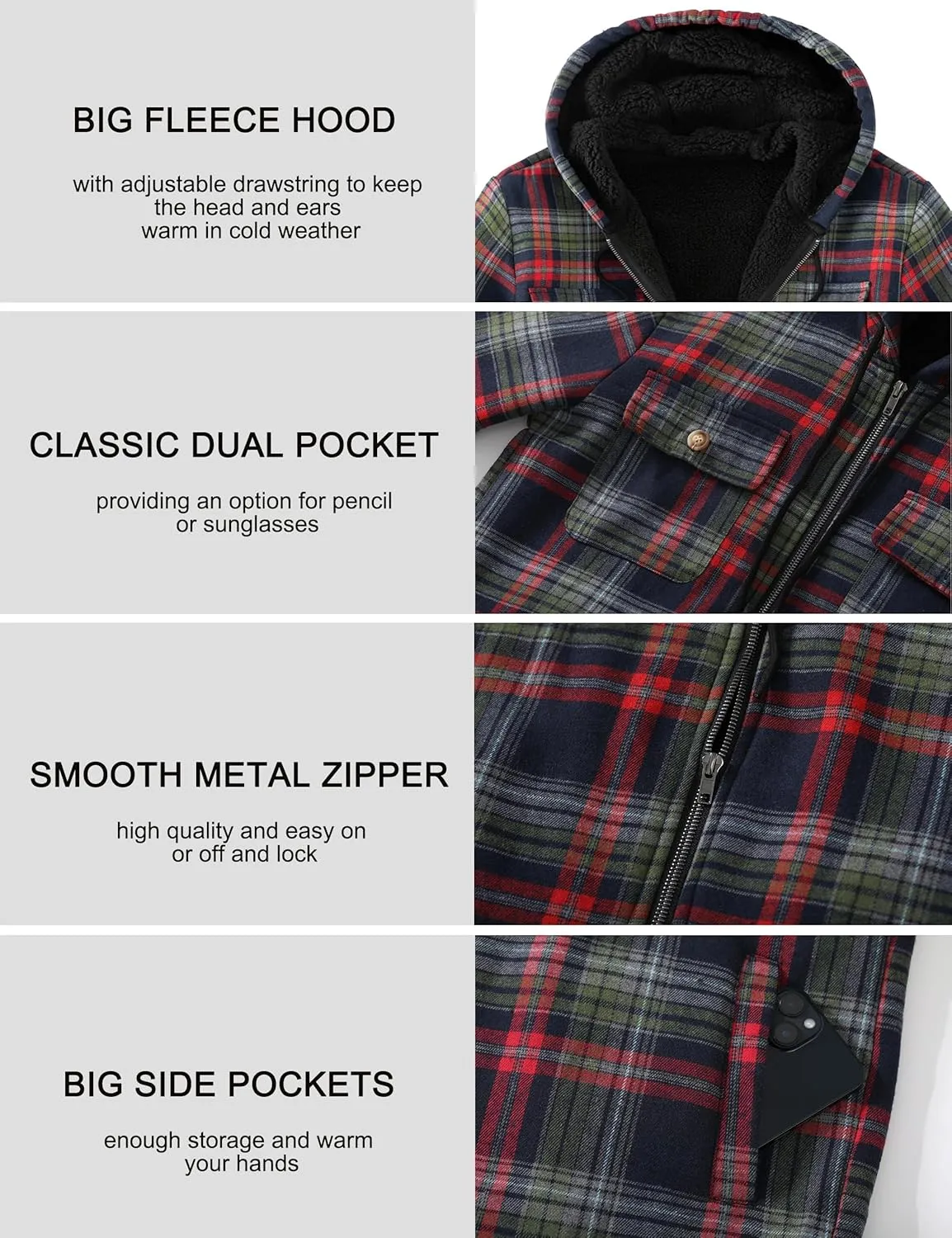 Men's Flannel Plaid Hooded Jackets Full Zip Sherpa Fleece Lined Hoodies Fashion Warm Coat