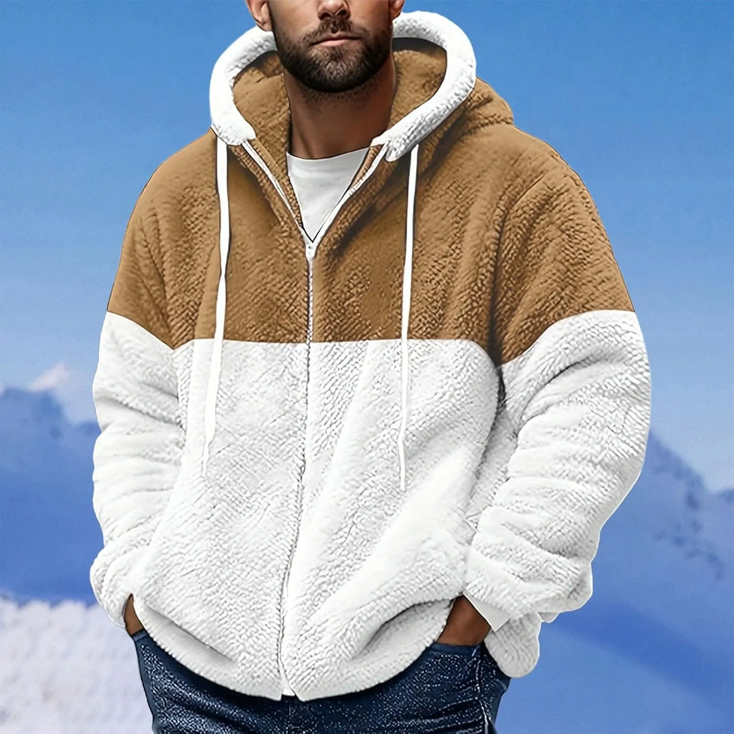 Men's Full Zip Up Hoodie Jacket Fluffy Fuzzy Fleece Hooded Sweatshirt Winter Casual Outdoor Athletic Track Jacket