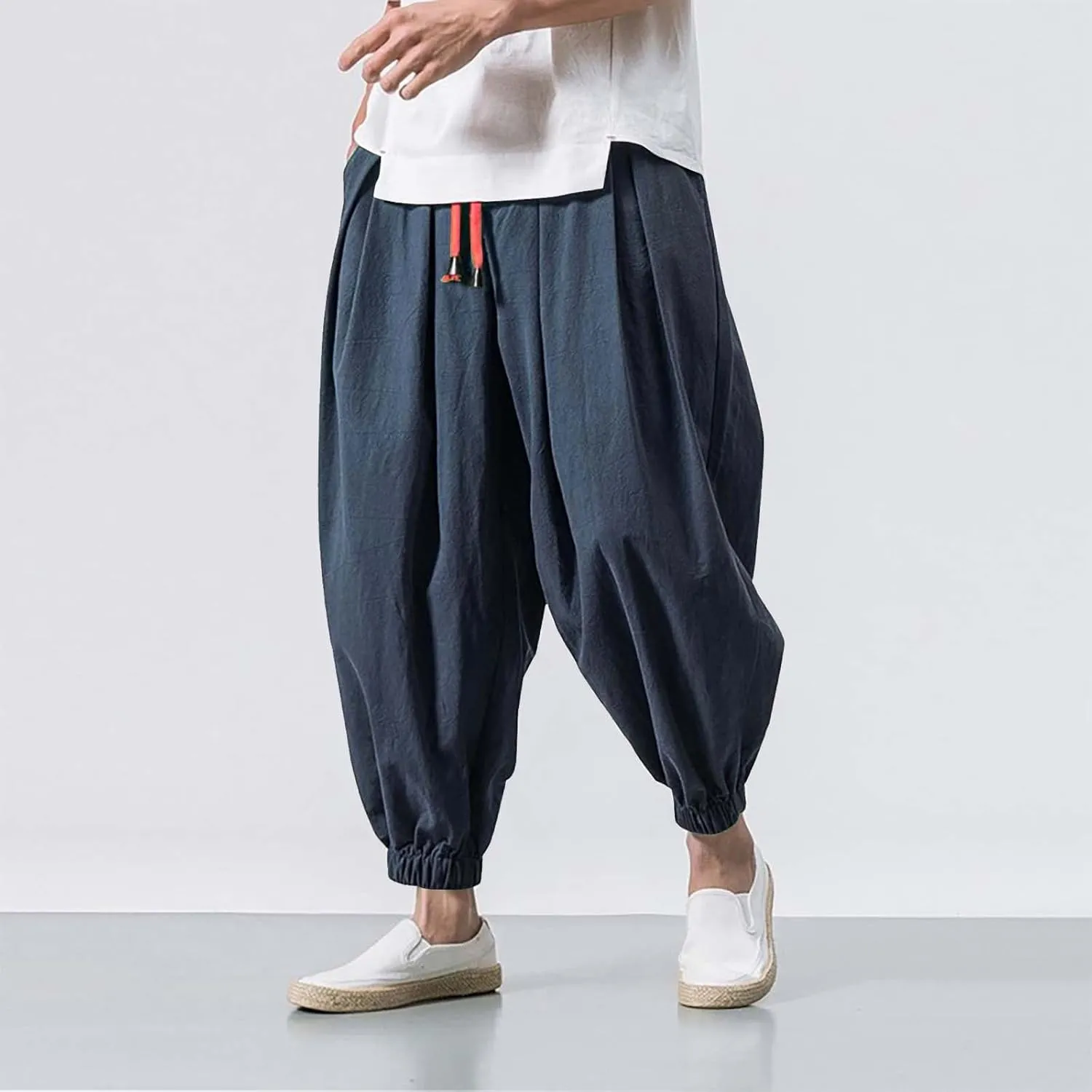 Men's Green Plus Size Harem Pants - Casual, Yoga, Jogging - Drawstring Waist - Solid Color - One Size