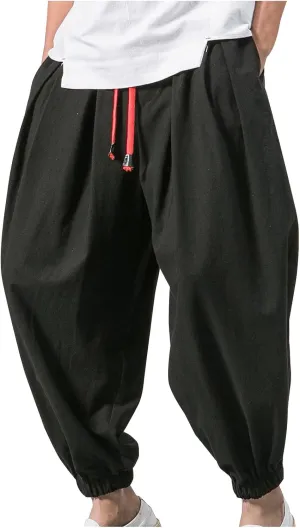 Mens Harem Pants Cotton Linen Baggy Yoga Jogger Pants Elastic Waist Vintage Hippie Drop Crotch Trousers Plus Size