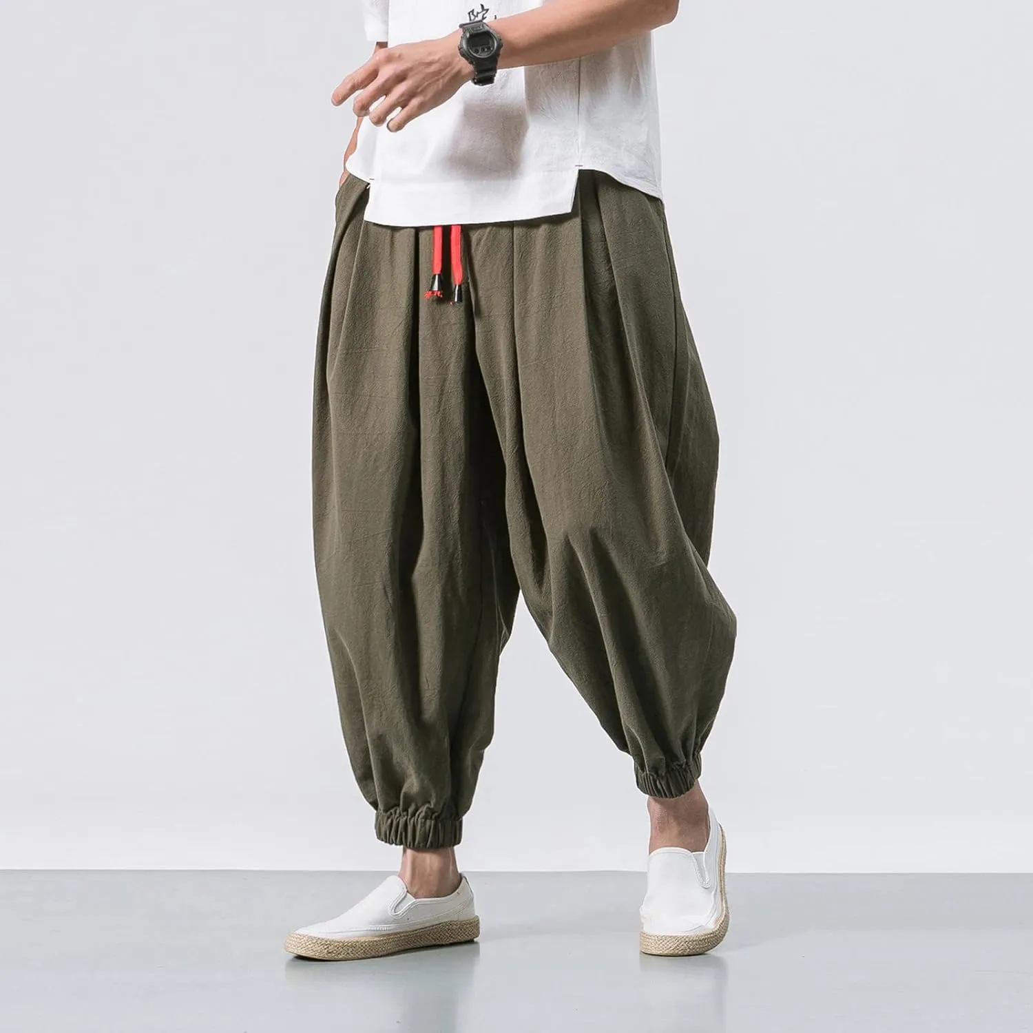Mens Harem Pants Cotton Linen Baggy Yoga Jogger Pants Elastic Waist Vintage Hippie Drop Crotch Trousers Plus Size