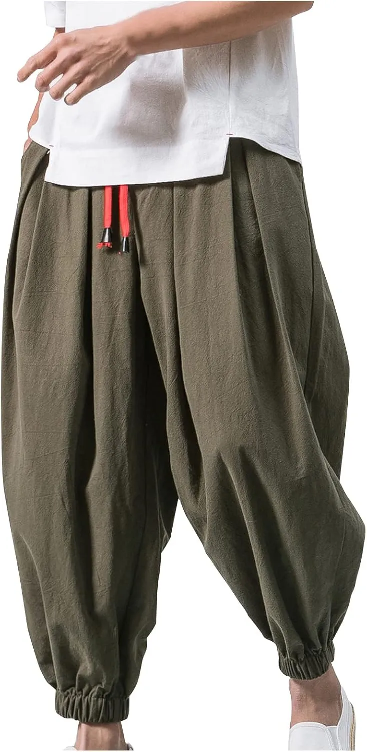 Mens Harem Pants Cotton Linen Baggy Yoga Jogger Pants Elastic Waist Vintage Hippie Drop Crotch Trousers Plus Size