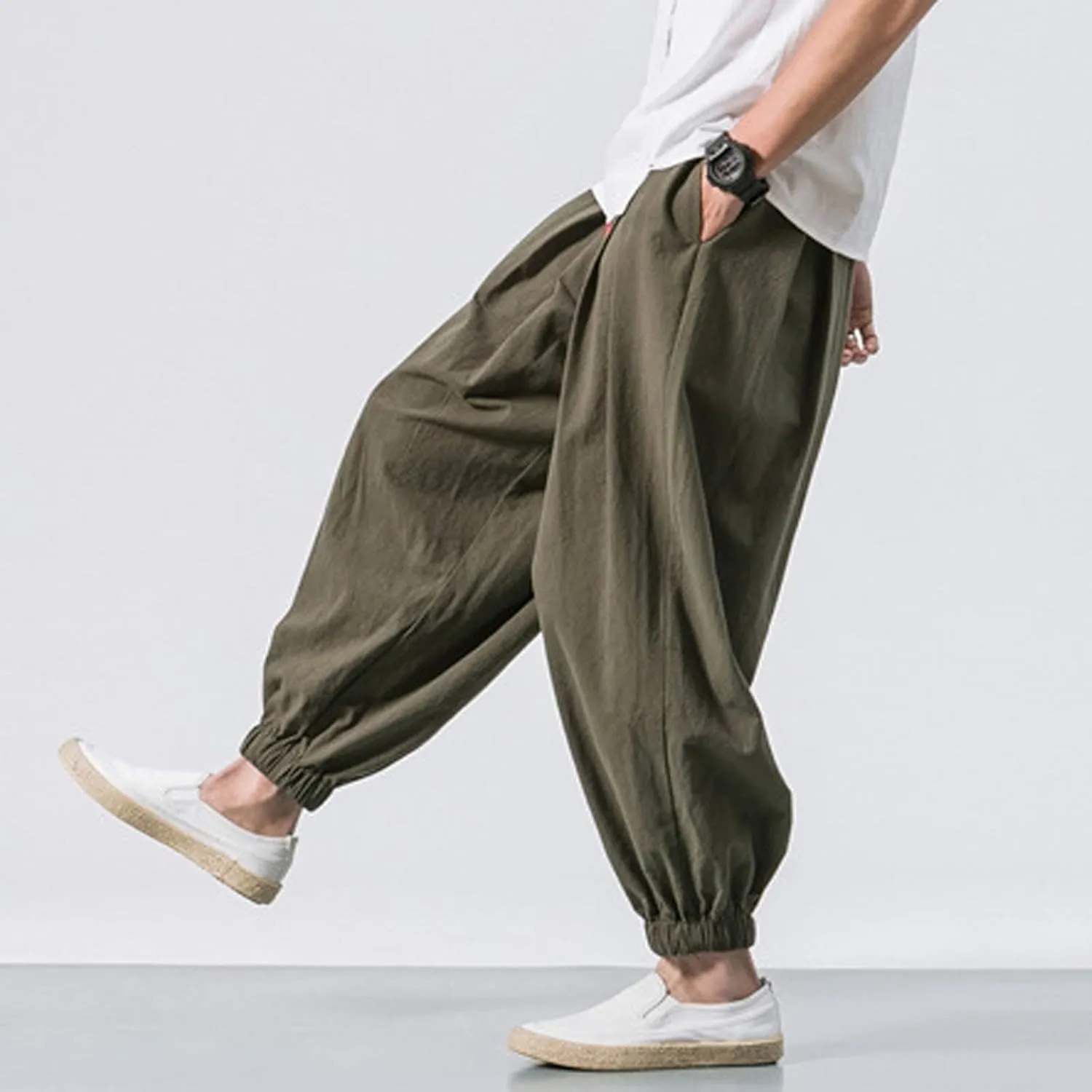 Mens Harem Pants Cotton Linen Baggy Yoga Jogger Pants Elastic Waist Vintage Hippie Drop Crotch Trousers Plus Size