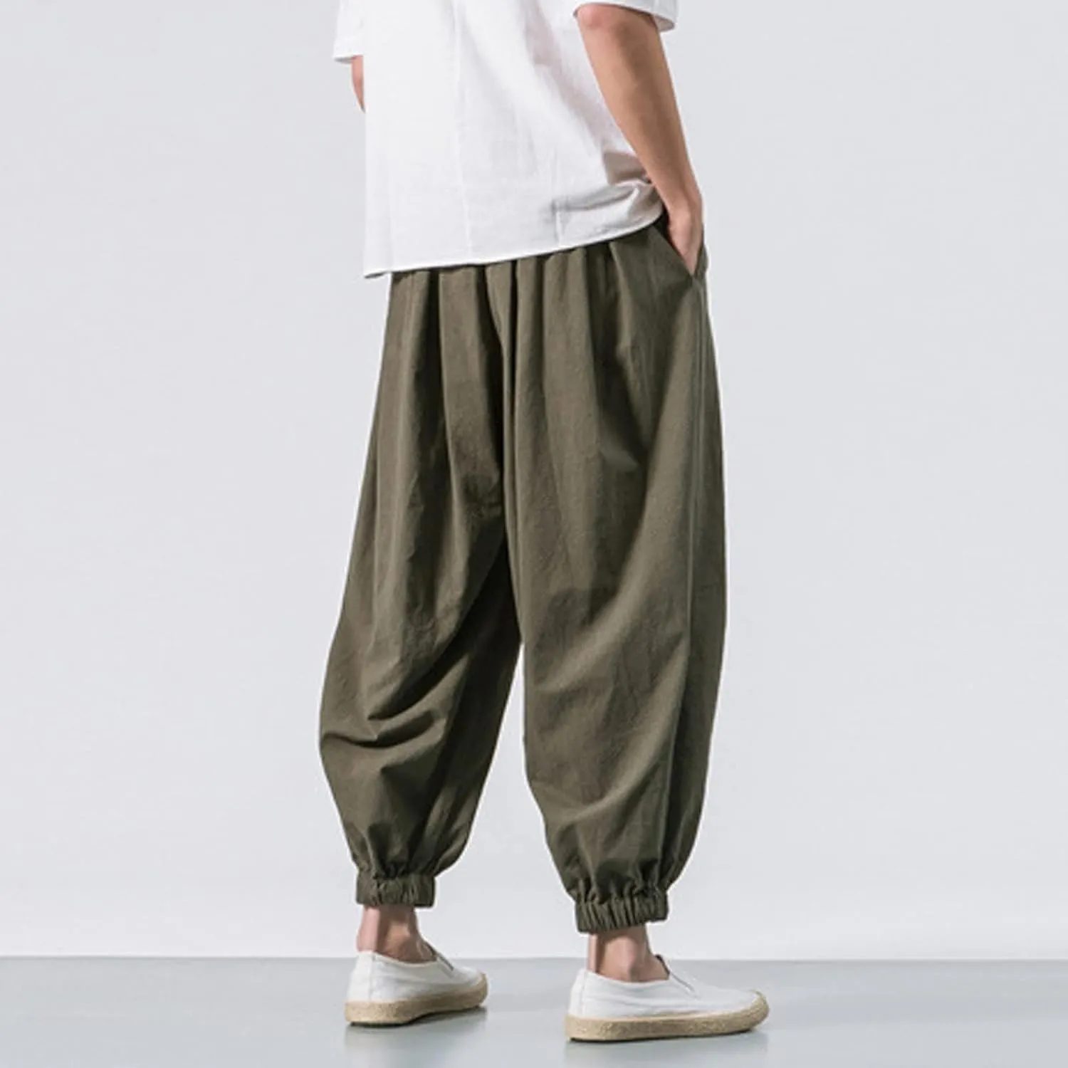 Mens Harem Pants Cotton Linen Baggy Yoga Jogger Pants Elastic Waist Vintage Hippie Drop Crotch Trousers Plus Size