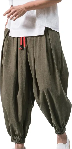 Mens Harem Pants Cotton Linen Baggy Yoga Jogger Pants Elastic Waist Vintage Hippie Drop Crotch Trousers Plus Size