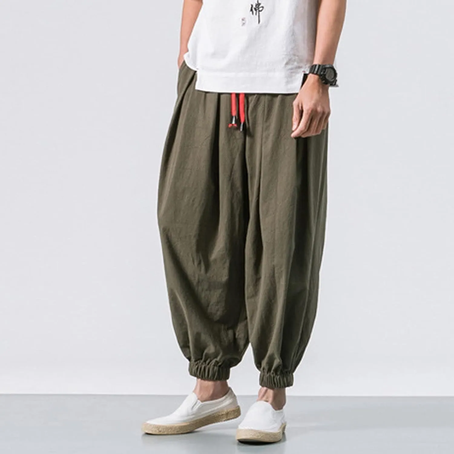 Mens Harem Pants Cotton Linen Baggy Yoga Jogger Pants Elastic Waist Vintage Hippie Drop Crotch Trousers Plus Size