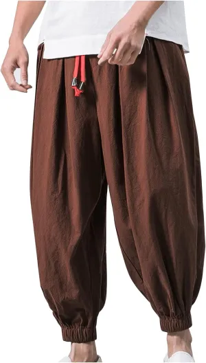 Mens Harem Pants Cotton Linen Baggy Yoga Jogger Pants Elastic Waist Vintage Hippie Drop Crotch Trousers Plus Size
