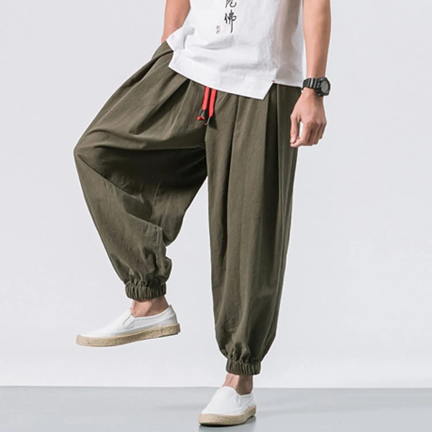 Mens Harem Pants Cotton Linen Baggy Yoga Jogger Pants Elastic Waist Vintage Hippie Drop Crotch Trousers Plus Size