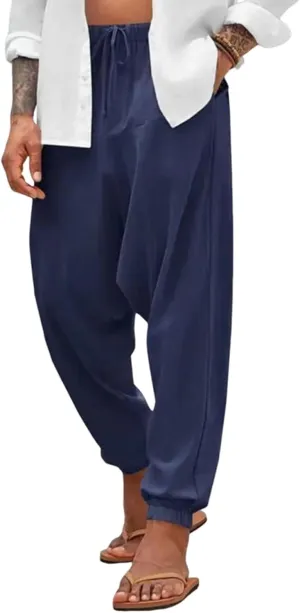 Mens Hippie Harem Pants Casual Elastic Drawstring Japanese Pants Basics Baggy Yoga Drop Crotch Trouser