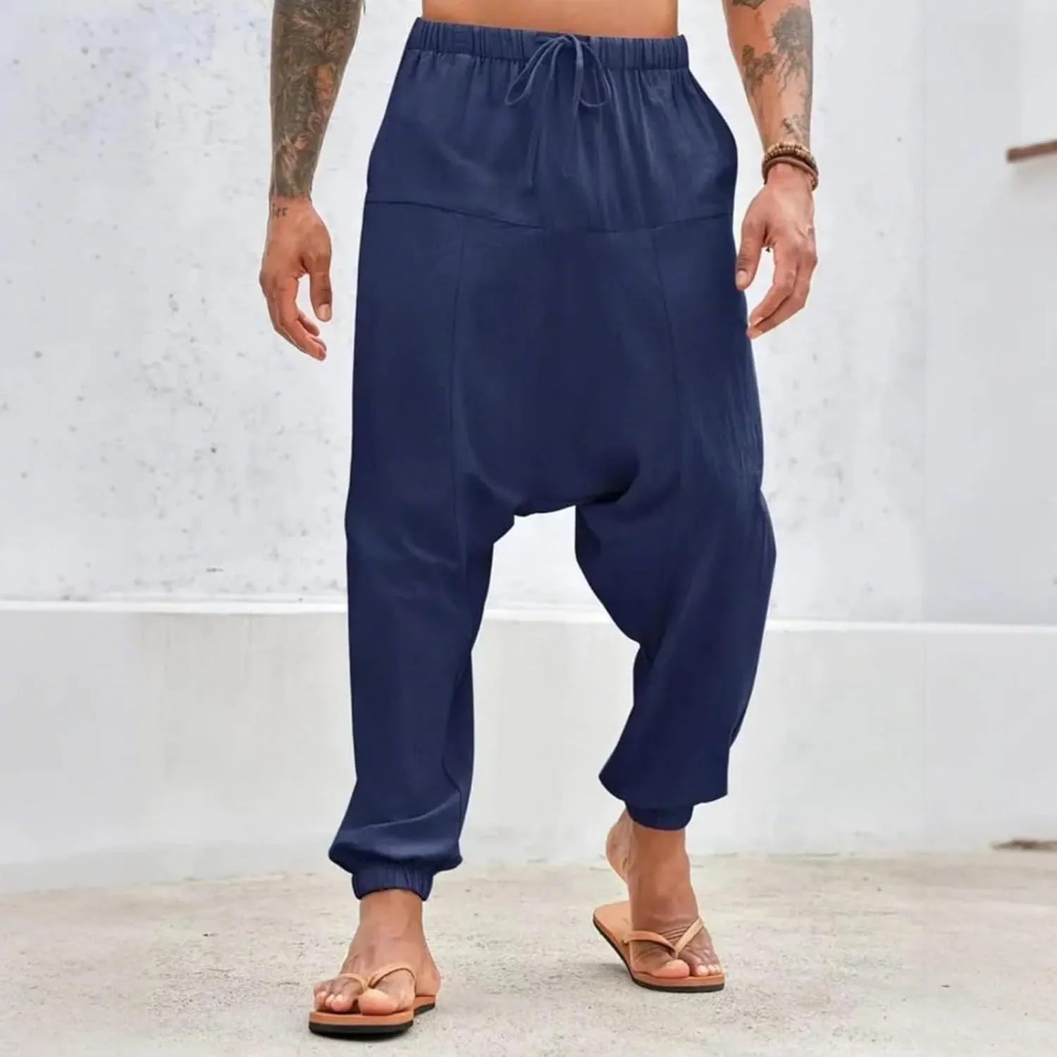 Mens Hippie Harem Pants Casual Elastic Drawstring Japanese Pants Basics Baggy Yoga Drop Crotch Trouser