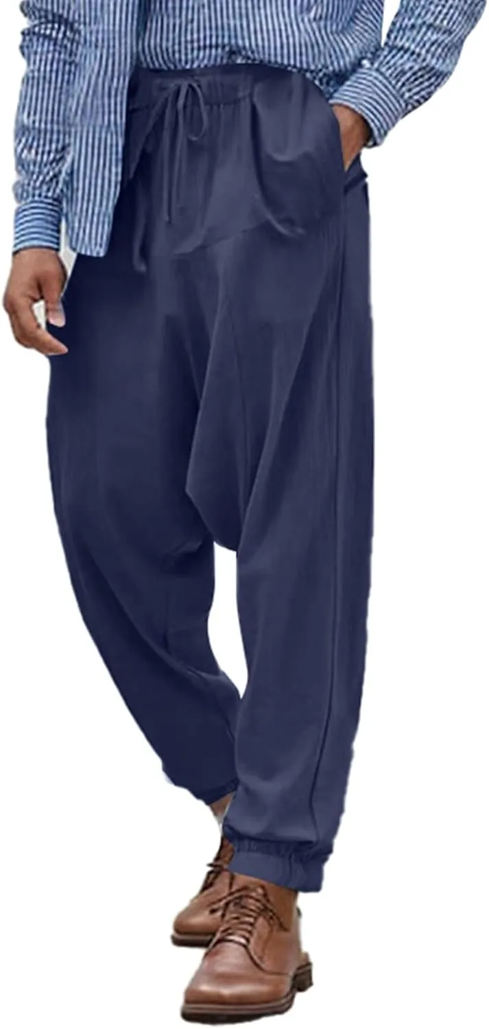 Mens Hippie Harem Pants Casual Elastic Drawstring Japanese Pants Basics Baggy Yoga Drop Crotch Trouser