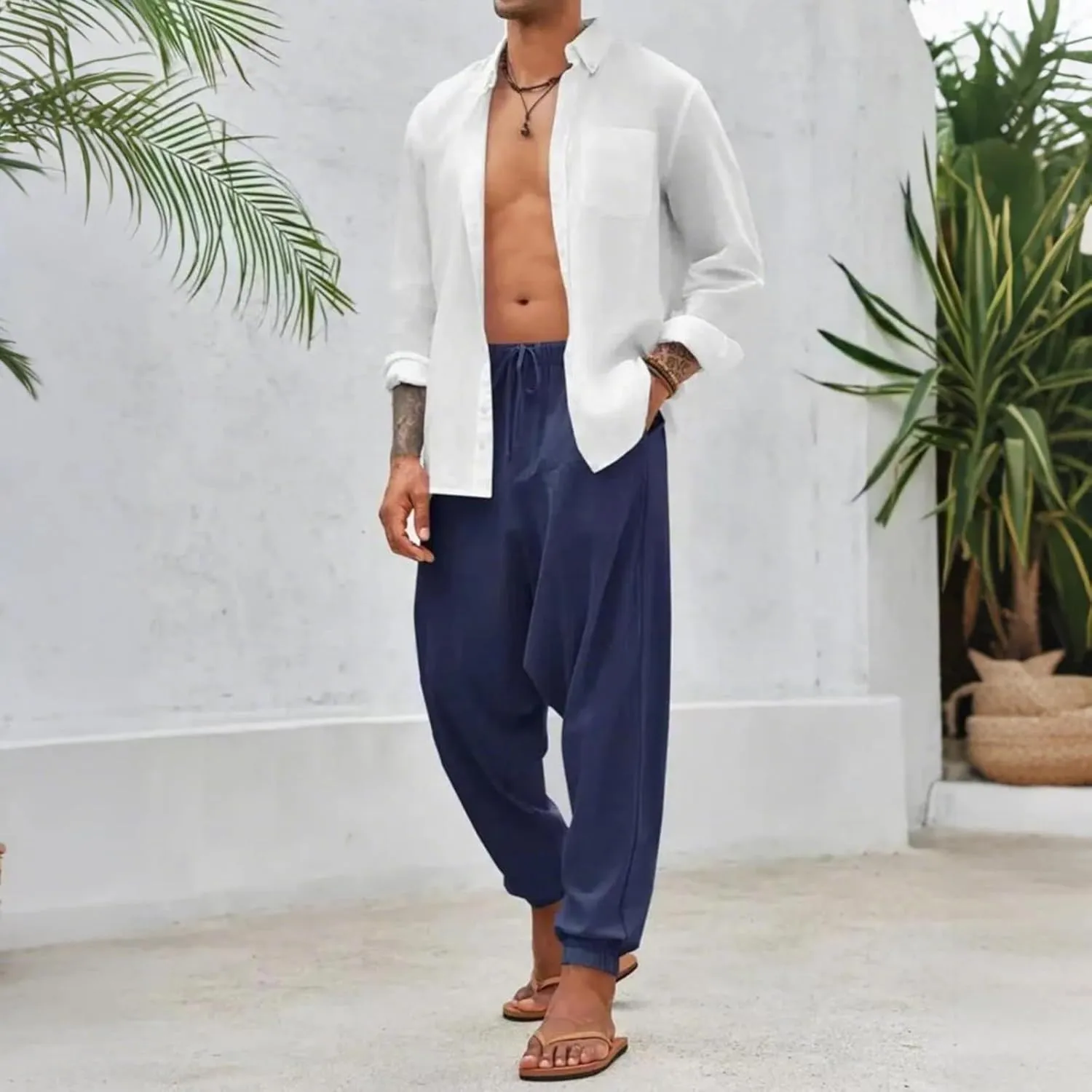 Mens Hippie Harem Pants Casual Elastic Drawstring Japanese Pants Basics Baggy Yoga Drop Crotch Trouser