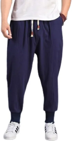 Men's Linen Harem Drawstring Pants Casual Elastic Waist Lightweight Trouser Hippie Drop Crotch Trouser Yoga Pants