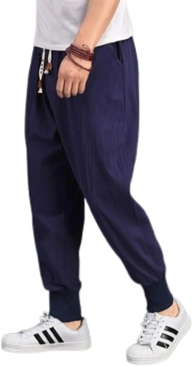 Men's Linen Harem Drawstring Pants Casual Elastic Waist Lightweight Trouser Hippie Drop Crotch Trouser Yoga Pants