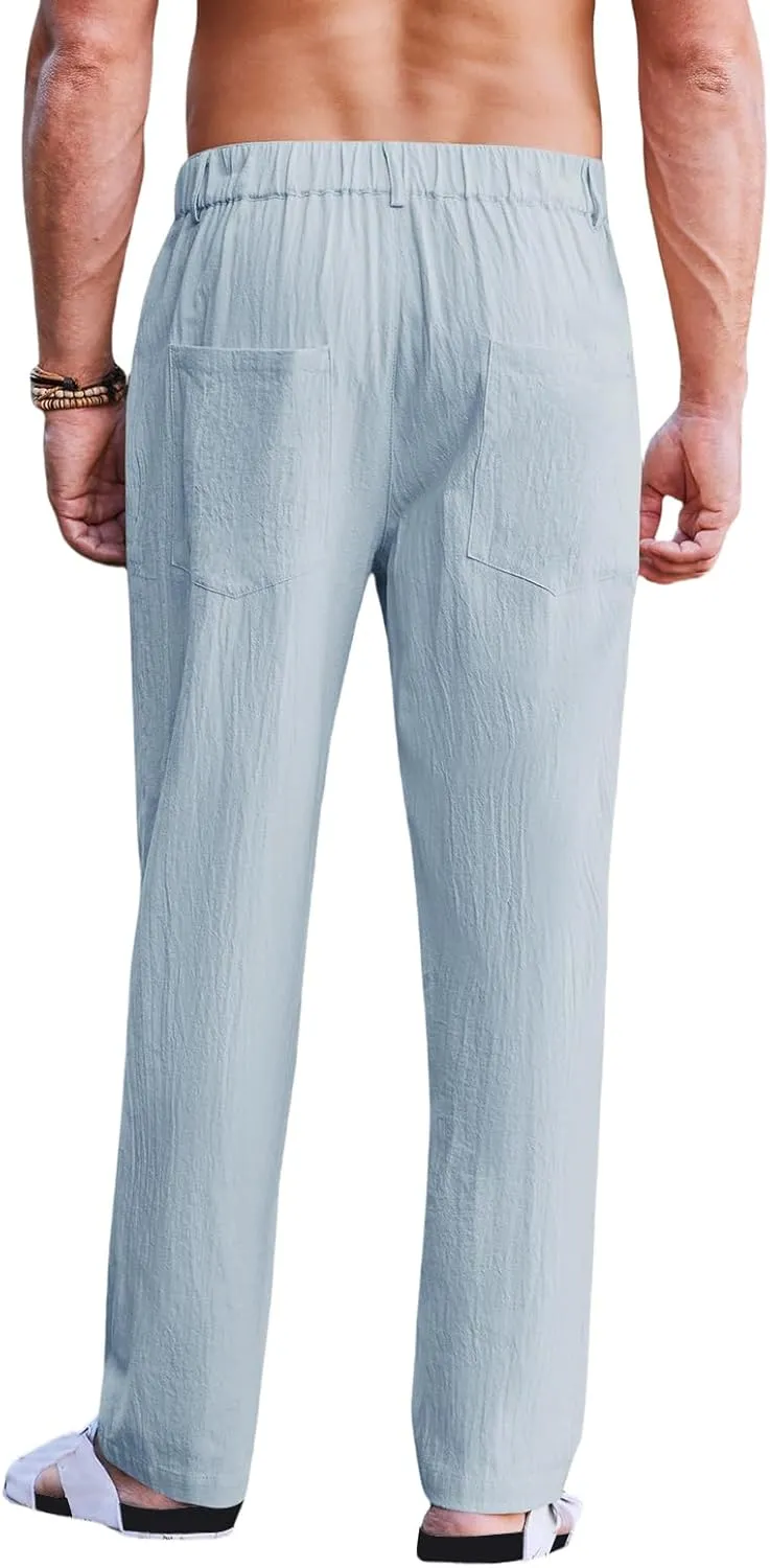 Men's Linen Pants Double Fold Elastic Waist Loose Breathable Solid Color Straight Beach Pants