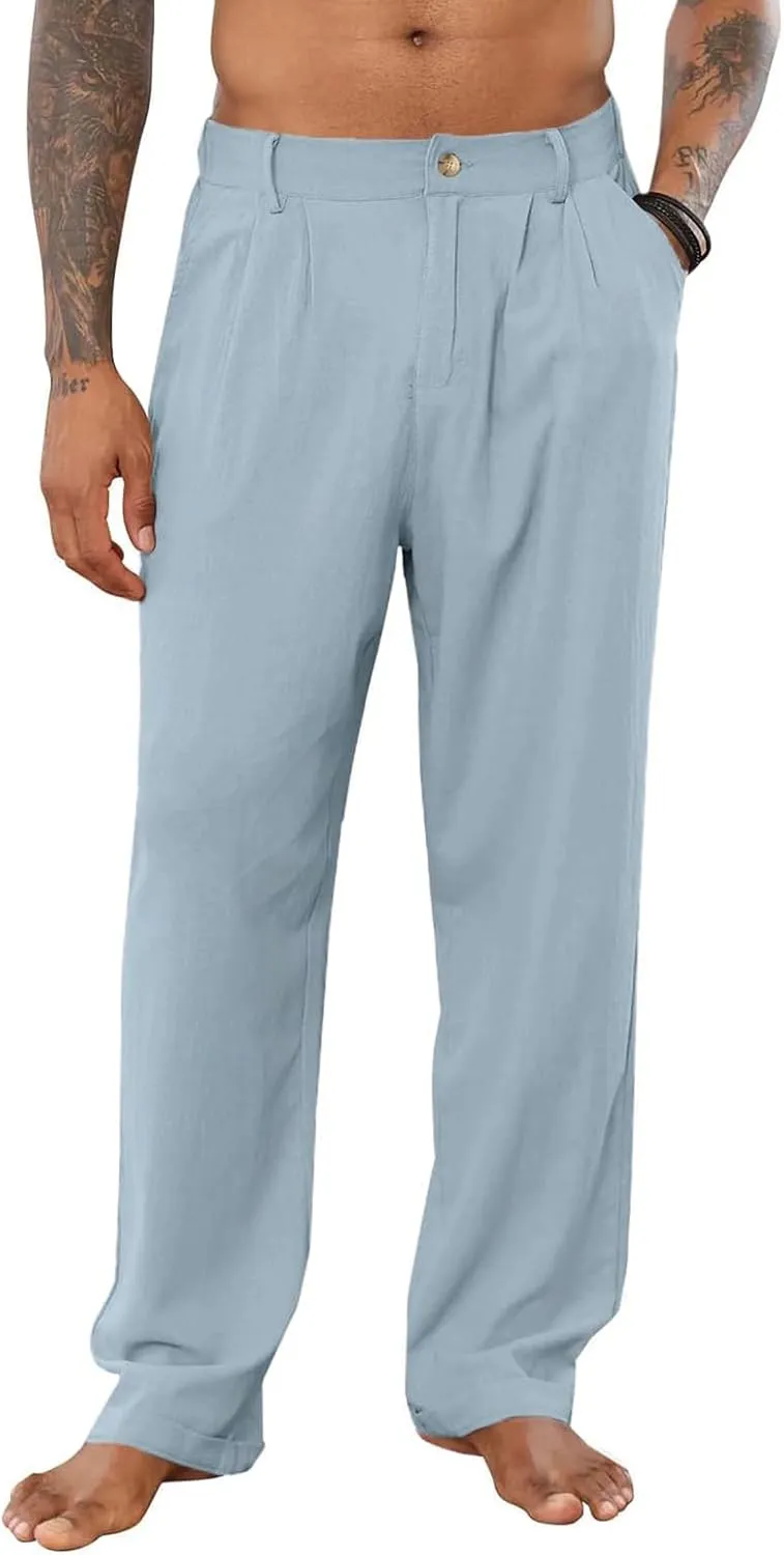 Men's Linen Pants Double Fold Elastic Waist Loose Breathable Solid Color Straight Beach Pants