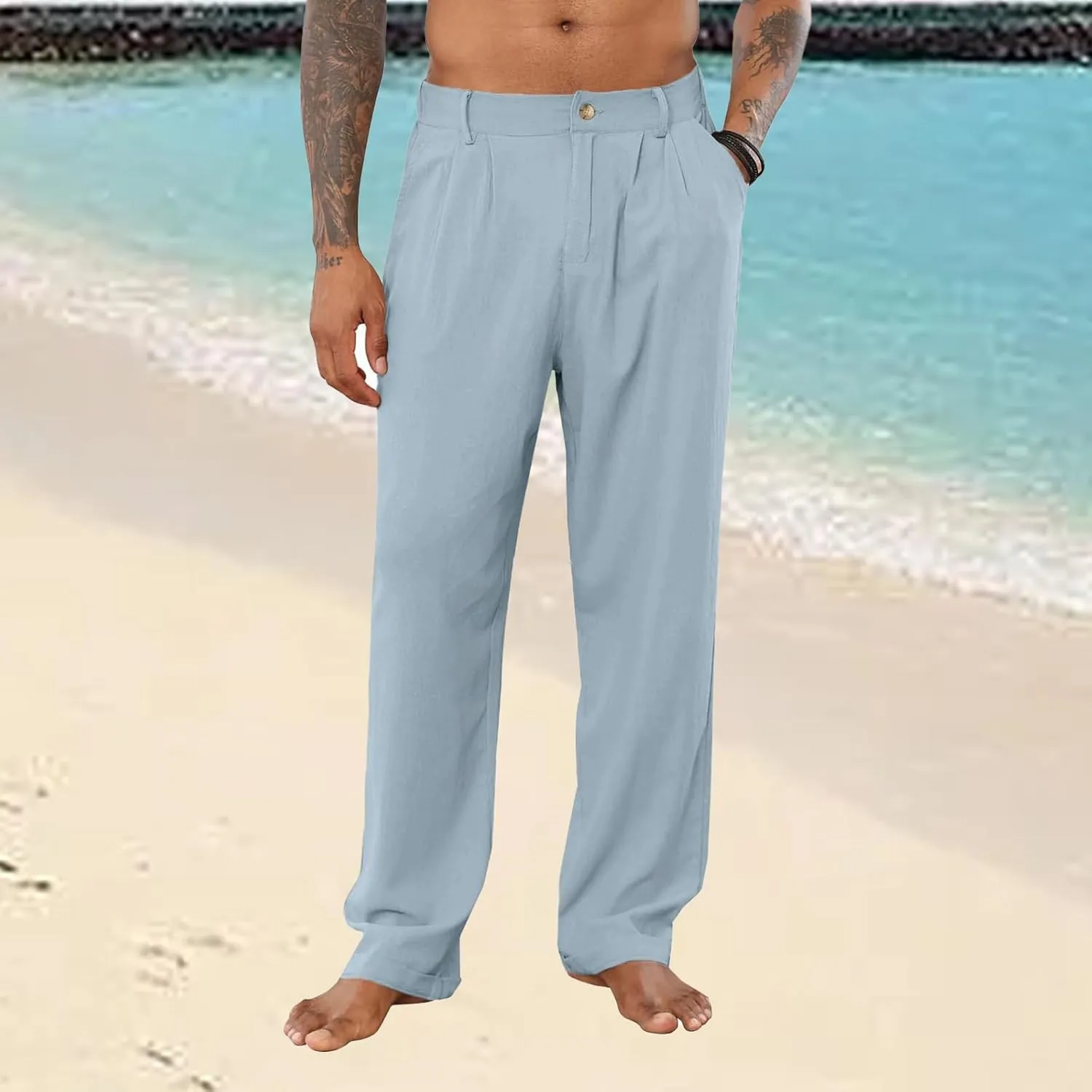 Men's Linen Pants Double Fold Elastic Waist Loose Breathable Solid Color Straight Beach Pants