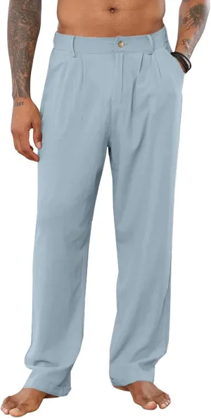 Men's Linen Pants Double Fold Elastic Waist Loose Breathable Solid Color Straight Beach Pants