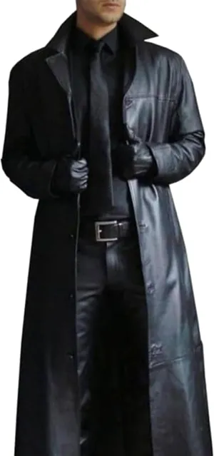 Mens Long Leather Trench Coat Full Length Motorcycle Leather Jakcet Fashion Slim Fit Punk Jacket Overcoat