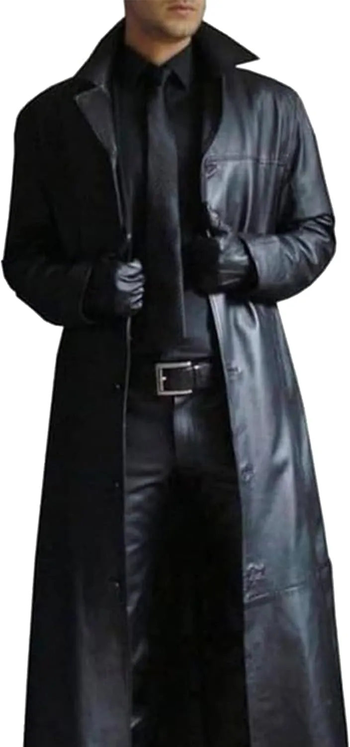 Mens Long Leather Trench Coat Full Length Motorcycle Leather Jakcet Fashion Slim Fit Punk Jacket Overcoat
