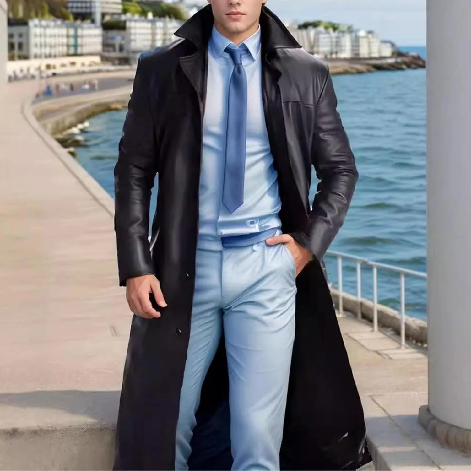 Mens Long Leather Trench Coat Full Length Motorcycle Leather Jakcet Fashion Slim Fit Punk Jacket Overcoat