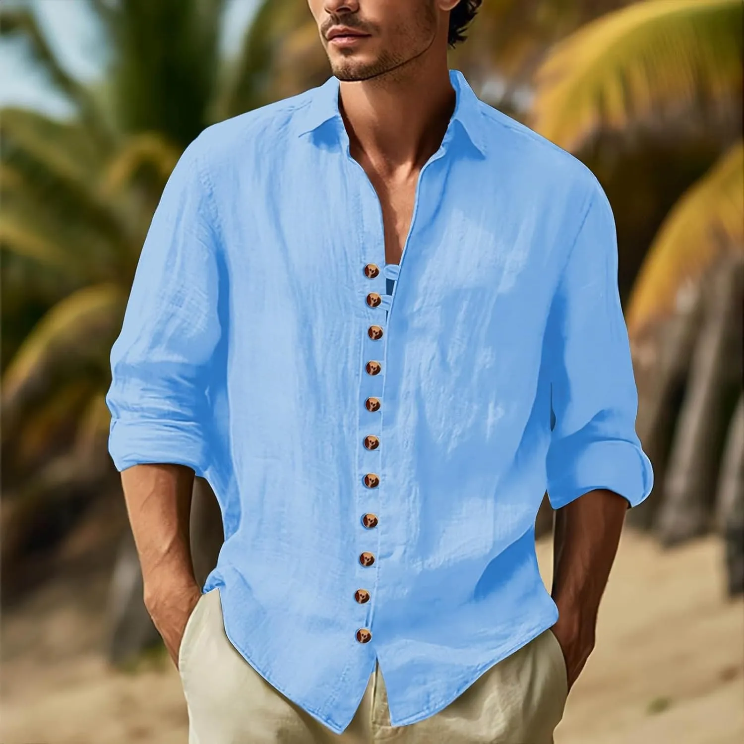 Men's Long Sleeve Lapel Oxford Dress Shirts Button Down Lightweight T-Shirts Casual Summer Beach Hawaiian Tees