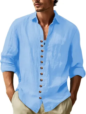 Men's Long Sleeve Lapel Oxford Dress Shirts Button Down Lightweight T-Shirts Casual Summer Beach Hawaiian Tees