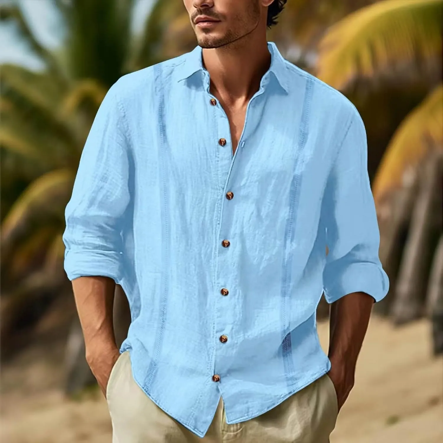 Men's Long Sleeve Lapel Oxford Dress Shirts Button Down Lightweight T-Shirts Casual Summer Beach Hawaiian Tees