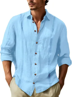 Men's Long Sleeve Lapel Oxford Dress Shirts Button Down Lightweight T-Shirts Casual Summer Beach Hawaiian Tees