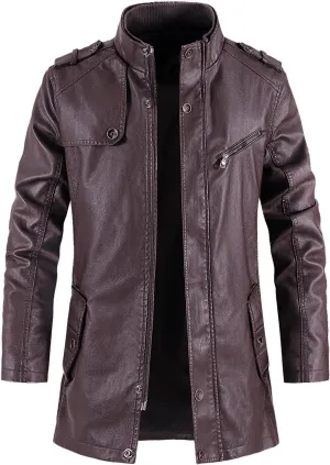 Mens Mid-length Faux Leather Trench Jackets, Stand Zipper Button Motorcycle Style Coat, Classic Casual Outerwear