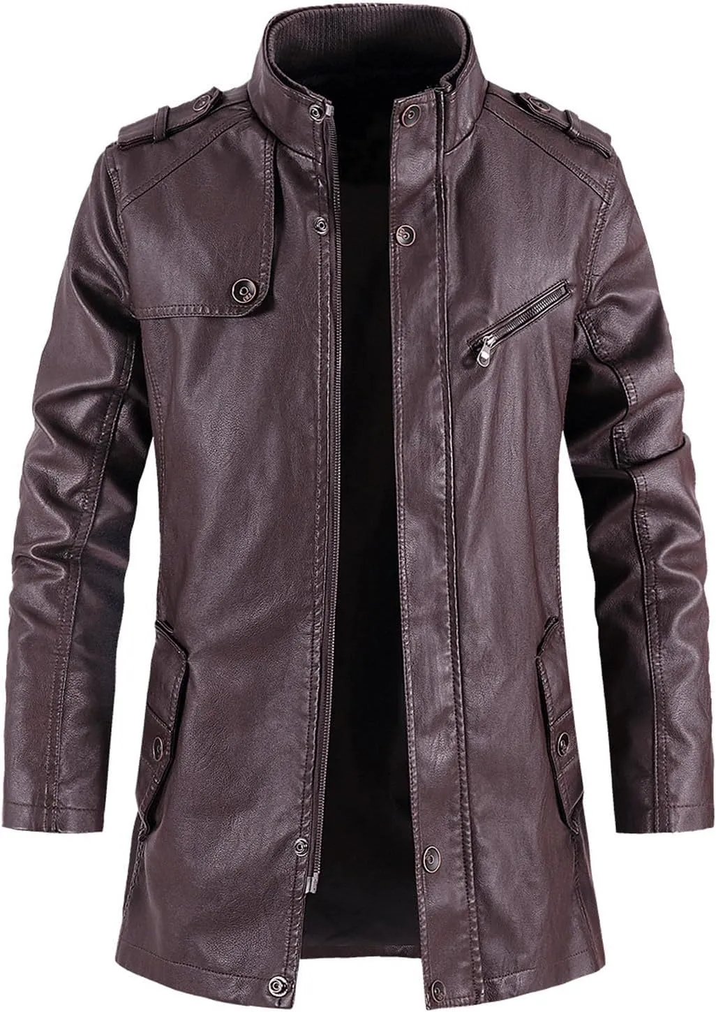 Mens Mid-length Faux Leather Trench Jackets, Stand Zipper Button Motorcycle Style Coat, Classic Casual Outerwear