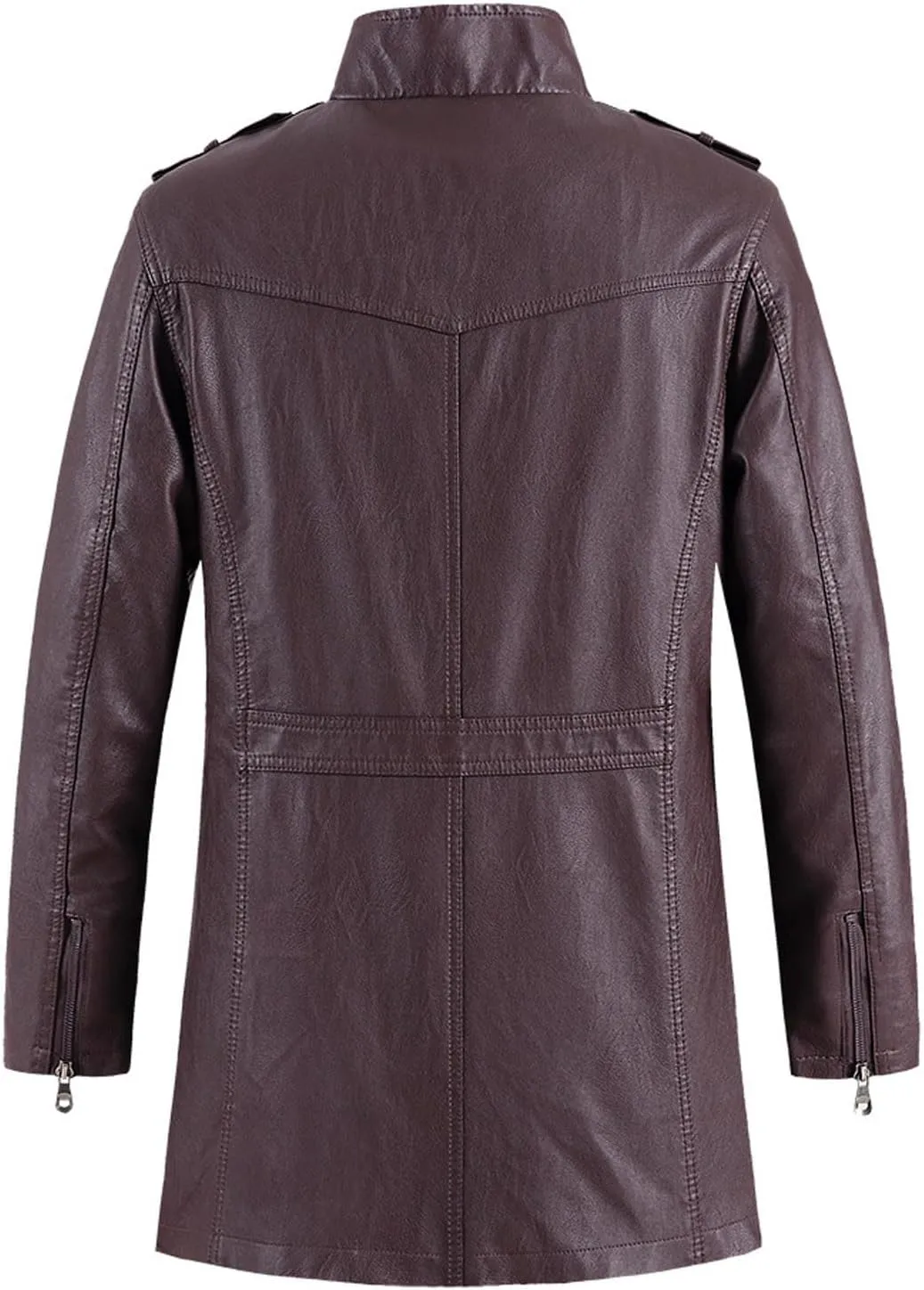 Mens Mid-length Faux Leather Trench Jackets, Stand Zipper Button Motorcycle Style Coat, Classic Casual Outerwear