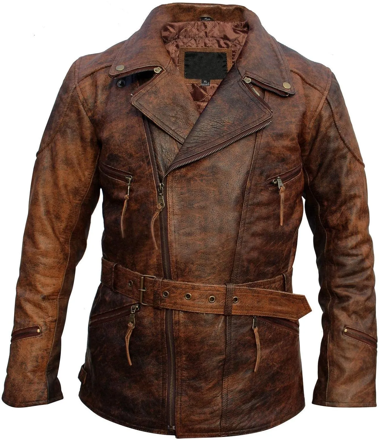 Men's Motorcycle Cross Zip Belt Jacket - Vintage Mid Length Distressed Brown Real Leather Jacket