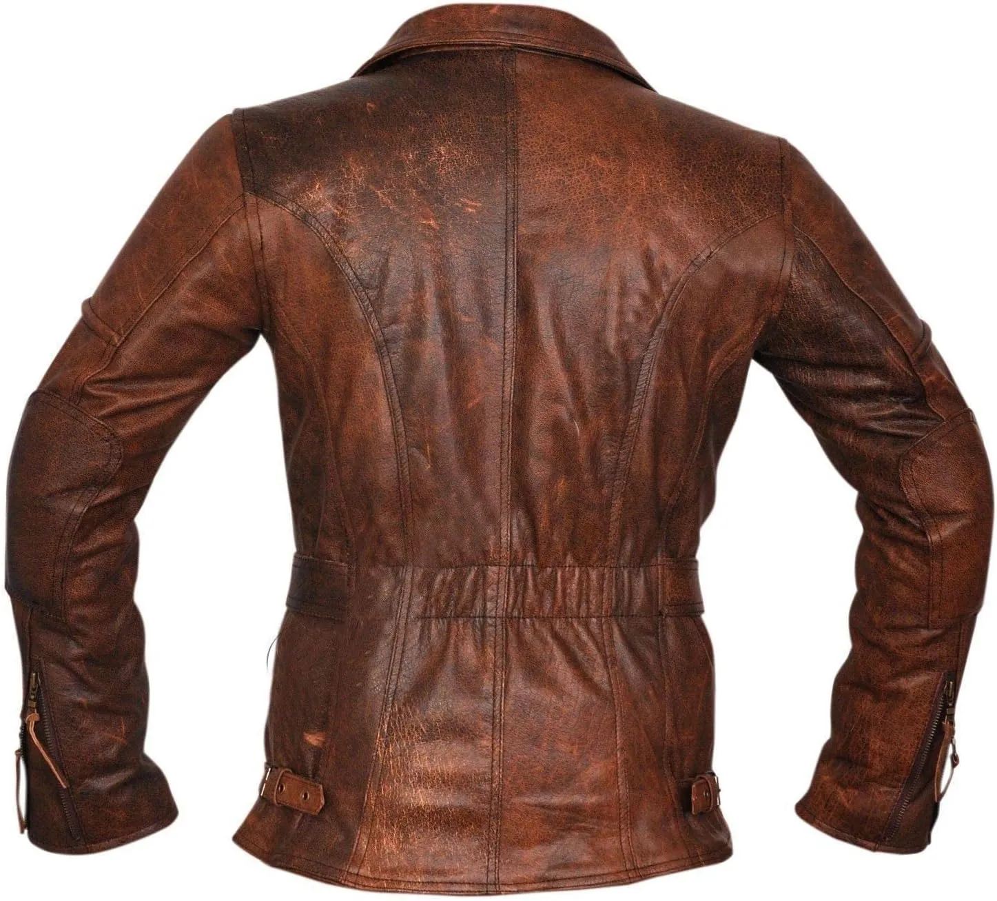 Men's Motorcycle Cross Zip Belt Jacket - Vintage Mid Length Distressed Brown Real Leather Jacket